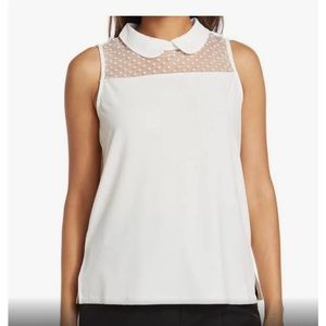 Adrianna Papell Knit Collared Sleeveless Shirt White Swiss Dot Large